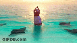 Woman In Dress Standing In Ocean With Dolphins GIF