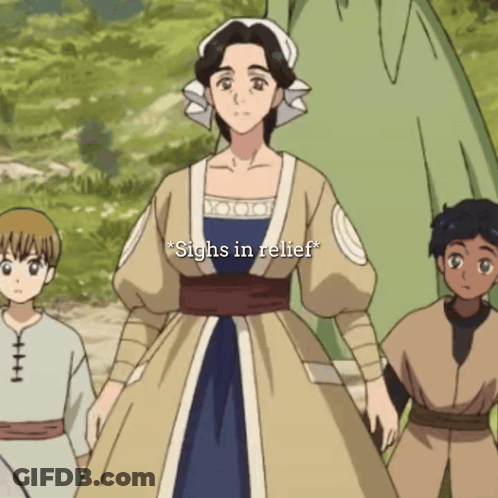 Woman In Dress Standing With Two Children Sighs In Relief GIF