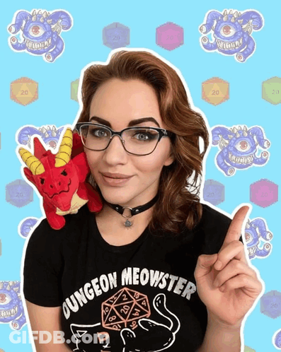 Woman In Dungeon Meowster Shirt Pointing Up GIF