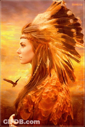 Woman In Feathered Headdress With Bird GIF