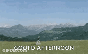 Woman In Field With Mountains Saying Goofd Afternoon GIF