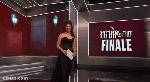 Woman In Front Of Big Brother Finale Banner GIF