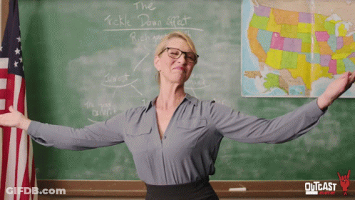 Woman In Front Of Blackboard Saying Tickle Down Effect GIF
