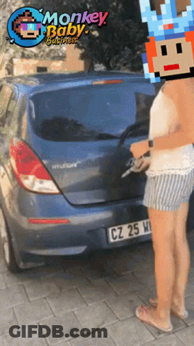 Woman In Front Of Blue Car With Monkey Baby GIF