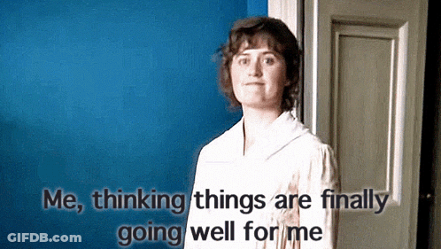 Woman In Front Of Blue Wall Saying Me Thinking Things Are Finally Going Well GIF