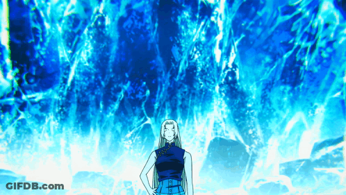Woman In Front Of Blue Waterfall GIF