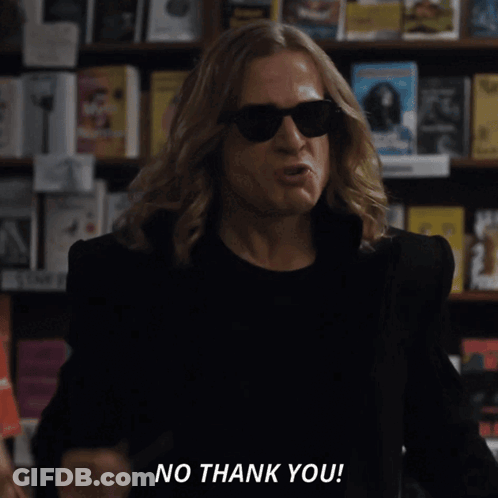 Woman In Front Of Bookshelf Says No Thank You GIF