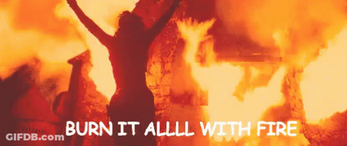 Woman In Front Of Fire Saying Burn It All With Fire GIF