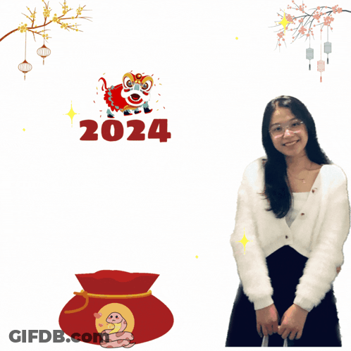 Woman In Front Of Happy New Year Poster GIF