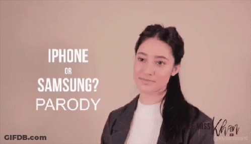 Woman In Front Of IPhone Samsung Parody Poster GIF