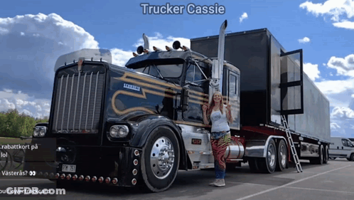 Woman In Front Of Kenworth Truck GIF