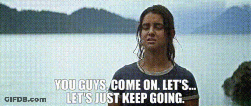 Woman In Front Of Water Saying You Guys Come On Let's Just Keep Going GIF