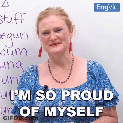 Woman In Front Of Whiteboard Saying I'm So Proud Of Myself GIF