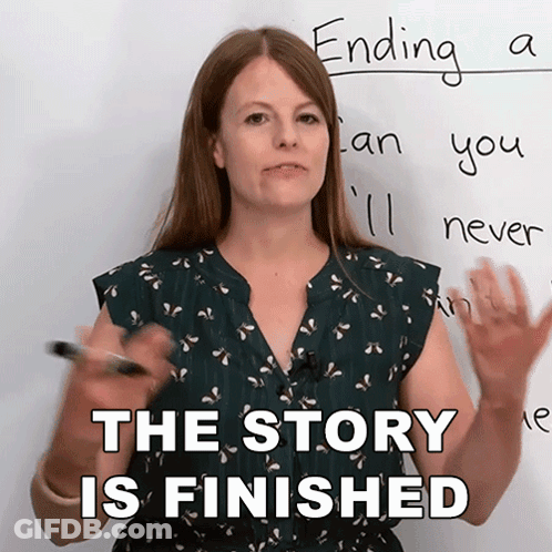 Woman In Front Of Whiteboard Saying The Story Is Finished GIF