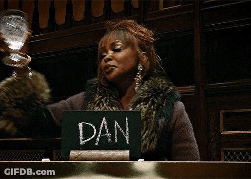 Woman In Fur Coat Holding Glass And Sign Saying Dan GIF
