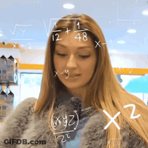 Woman In Fur Coat Looking At Math Chalkboard GIF
