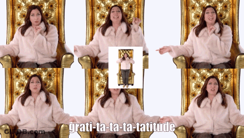 Woman In Fur Coat Sitting In Gold Chair Saying Grati-La-Ta-Ta-Latitude GIF