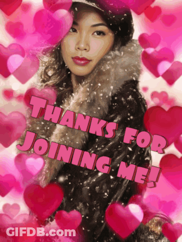 Woman In Fur Coat Surrounded By Pink Hearts Saying Thanks For Joining Me GIF