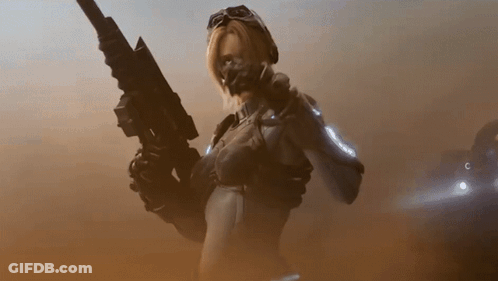 Woman In Futuristic Outfit Holding Rifle GIF