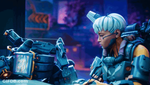 Woman In Futuristic Outfit Looking At Robot GIF