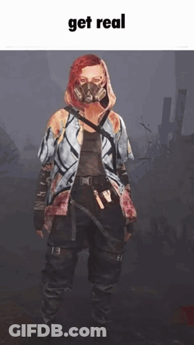 Woman In Gas Mask And Hoodie Saying Get Real GIF