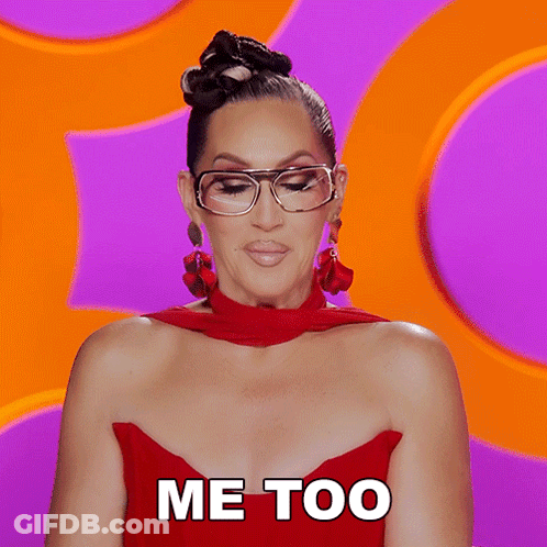 Woman In Glasses And Red Dress Saying Me Too GIF
