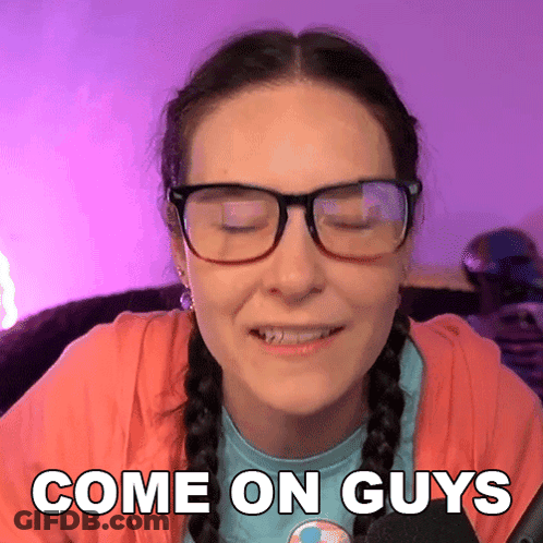 Woman In Glasses Says Come On Guys On Purple Background GIF