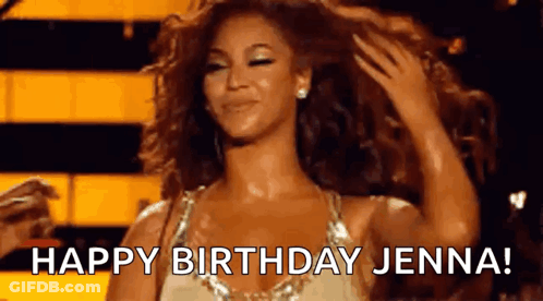 Woman In Gold Dress Holding Hair Says Happy Birthday Jenna GIF