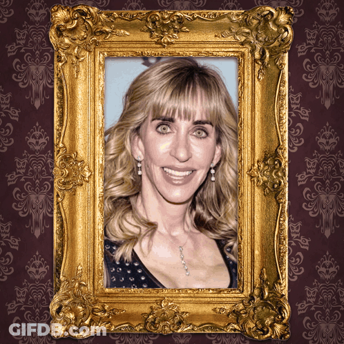 Woman In Gold Frame On Purple Background GIF