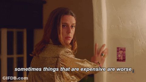 Woman In Gold Jacket Says Sometimes Things That Are Expensive Are Worse GIF