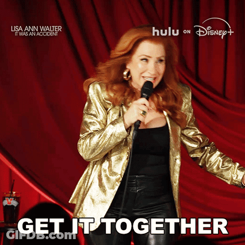 Woman In Gold Jacket Singing Into Microphone Saying Get It Together GIF