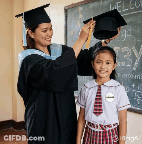 Woman In Graduation Cap And Gown Putting Hat On Girl GIF