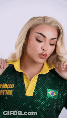 Woman In Green And Yellow Shirt With Name Pablo GIF