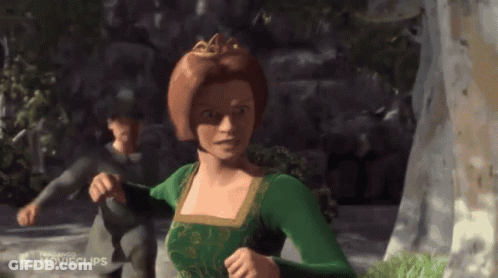 Woman In Green Dress And Crown Running With Man In Black Shirt GIF
