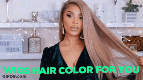 Woman In Green Dress At Sign Wigs Hair Color For You GIF