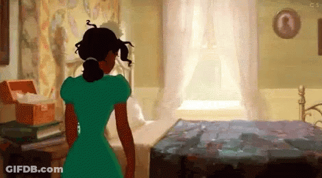 Woman In Green Dress Standing Next To Bed GIF