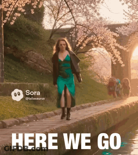 Woman In Green Dress Walking Path Here We Go GIF