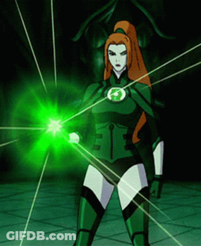 Woman In Green Lantern Costume Holding Green Light GIF