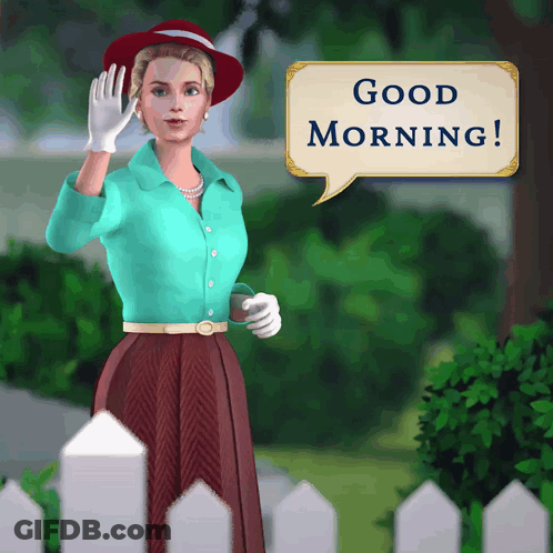 Woman In Green Shirt And Red Hat Saying Good Morning GIF