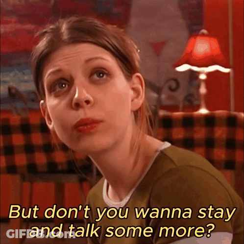 Woman In Green Shirt Saying But Don't You Wanna Stay And Talk Some More GIF