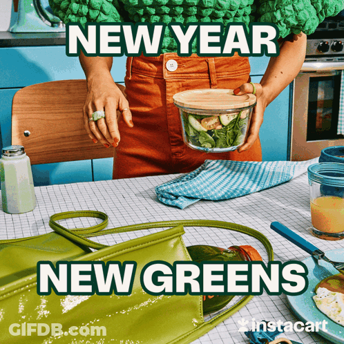 Woman In Green Sweater Holding Bowl Of Vegetables Saying New Year New Greens GIF