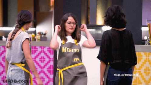 Woman In Grey Apron Saying Merino FF GIF