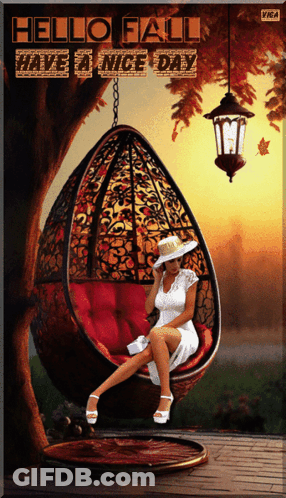 Woman In Hanging Chair Saying Hello Fall GIF