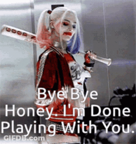 Woman In Harley Quinn Costume Holding Bat And Trumpet GIF