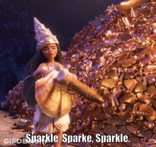 Woman In Hat Pile Of Gold Sparkle Sparkle Sparkle GIF