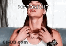Woman In Hat Scratching Neck Saying Me Tonight GIF