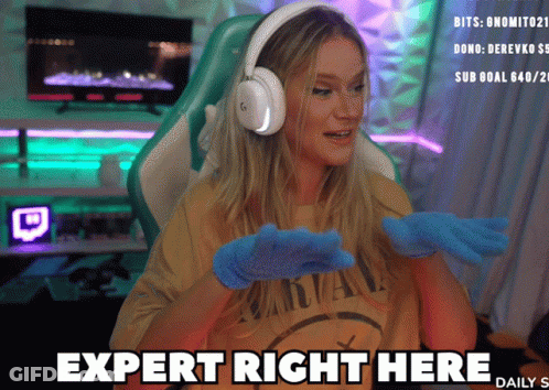 Woman In Headphones And Blue Gloves Expert Right Here GIF