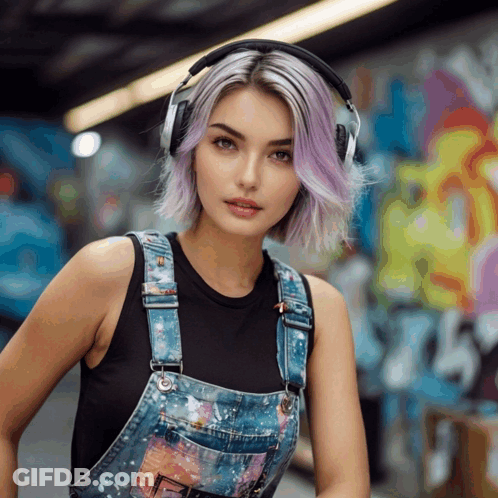 Woman In Headphones And Overalls At Graffiti Wall GIF