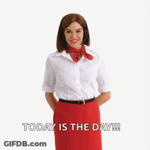 Woman In Headset And Red Skirt Says Today Is The Day GIF