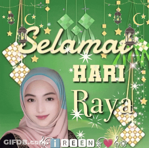 Woman In Hijab On Green With Selamat Hari Raya GIF
